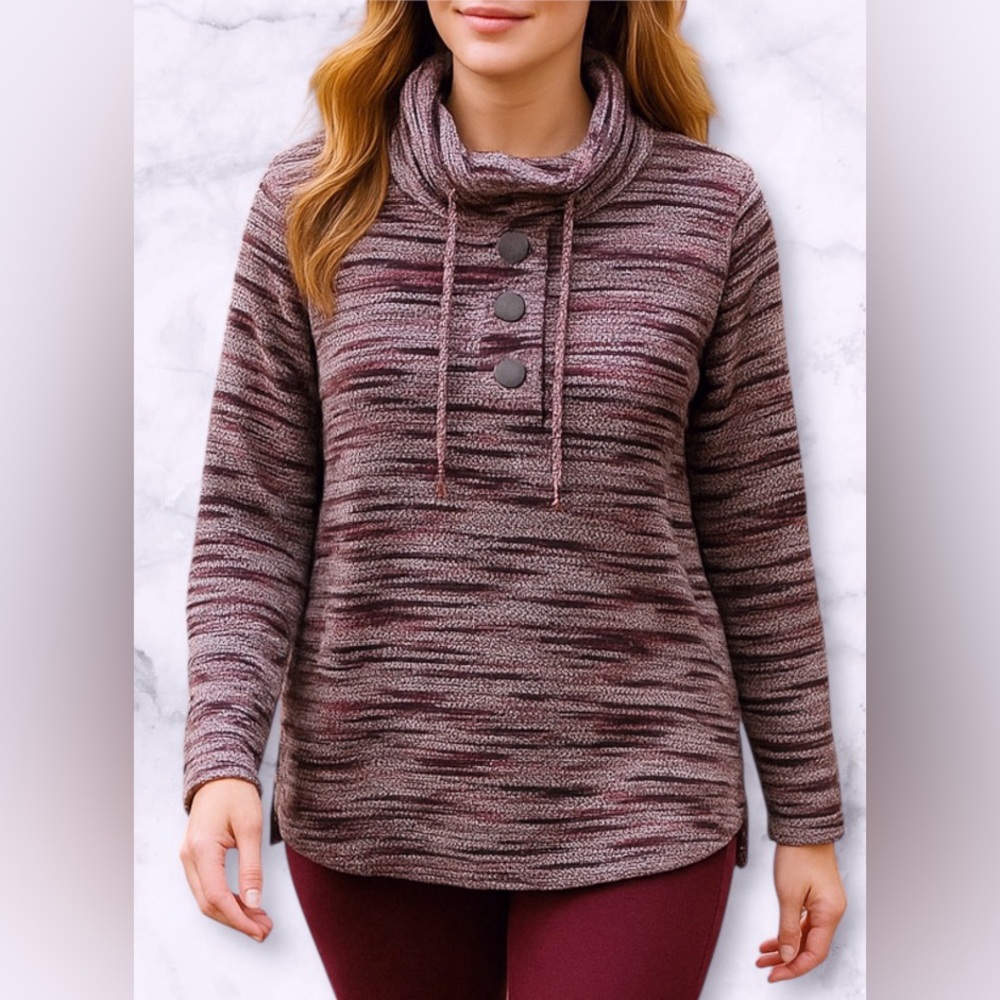 Ruby Rd. Button Snap Cowlneck Pullover Sweater Top Loose Relaxed Fit Size M